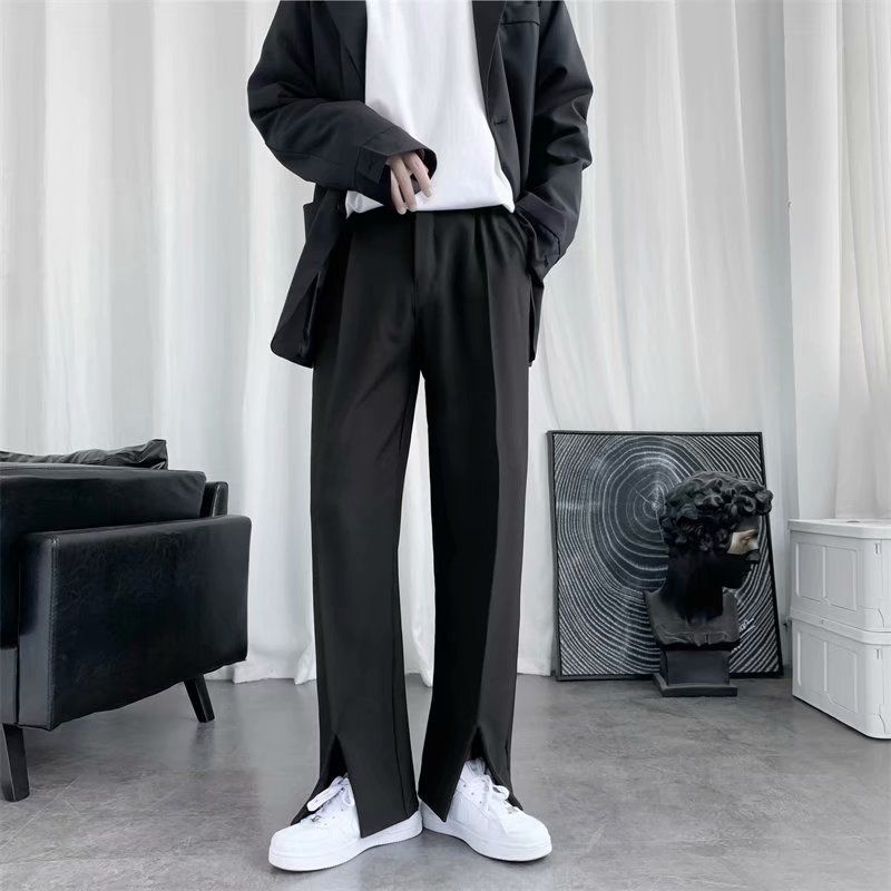 Korean Men Formal Wear - Calça masculina coreana solta reta preta,