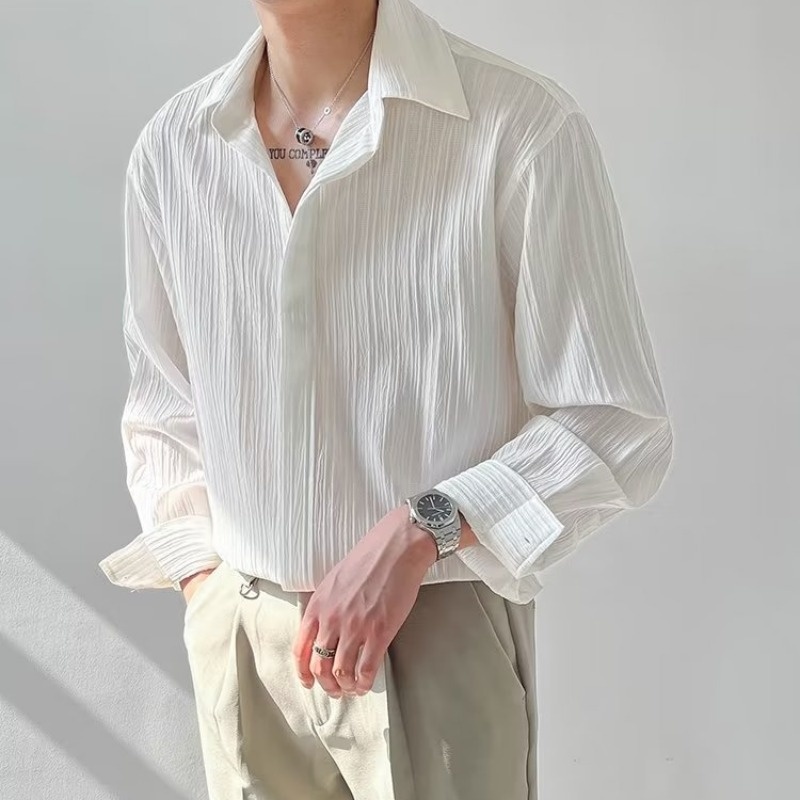 Korean Men Formal Wear - Camisa de manga comprida plissada masculina,